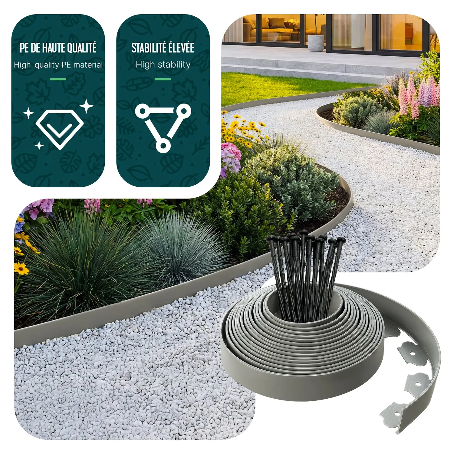 VOUNOT bordura giardino flessibile 10 m grigia picchetti