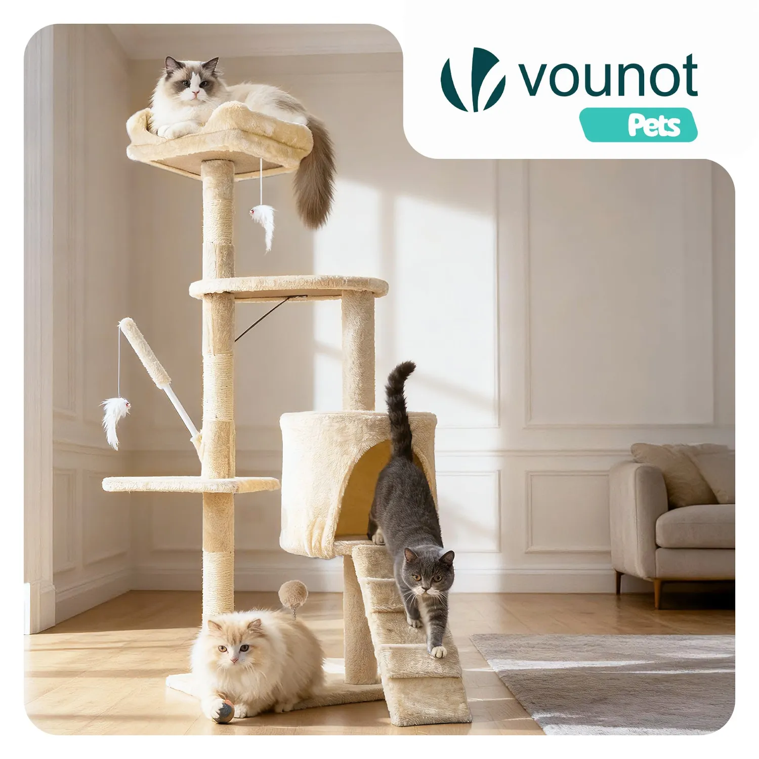 VOUNOT Albero Tiragraffi Gatto 112cm Beige 6 Livelli