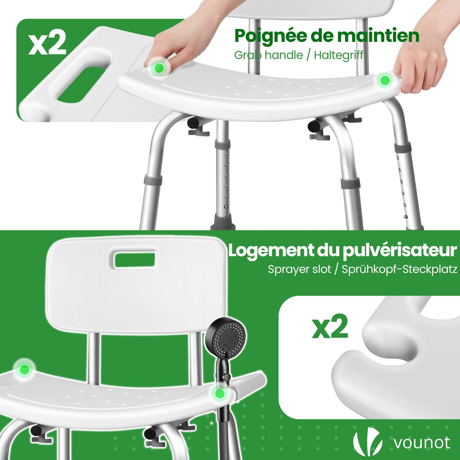 Vounot sedia doccia alluminio bianca regolabile HDPE