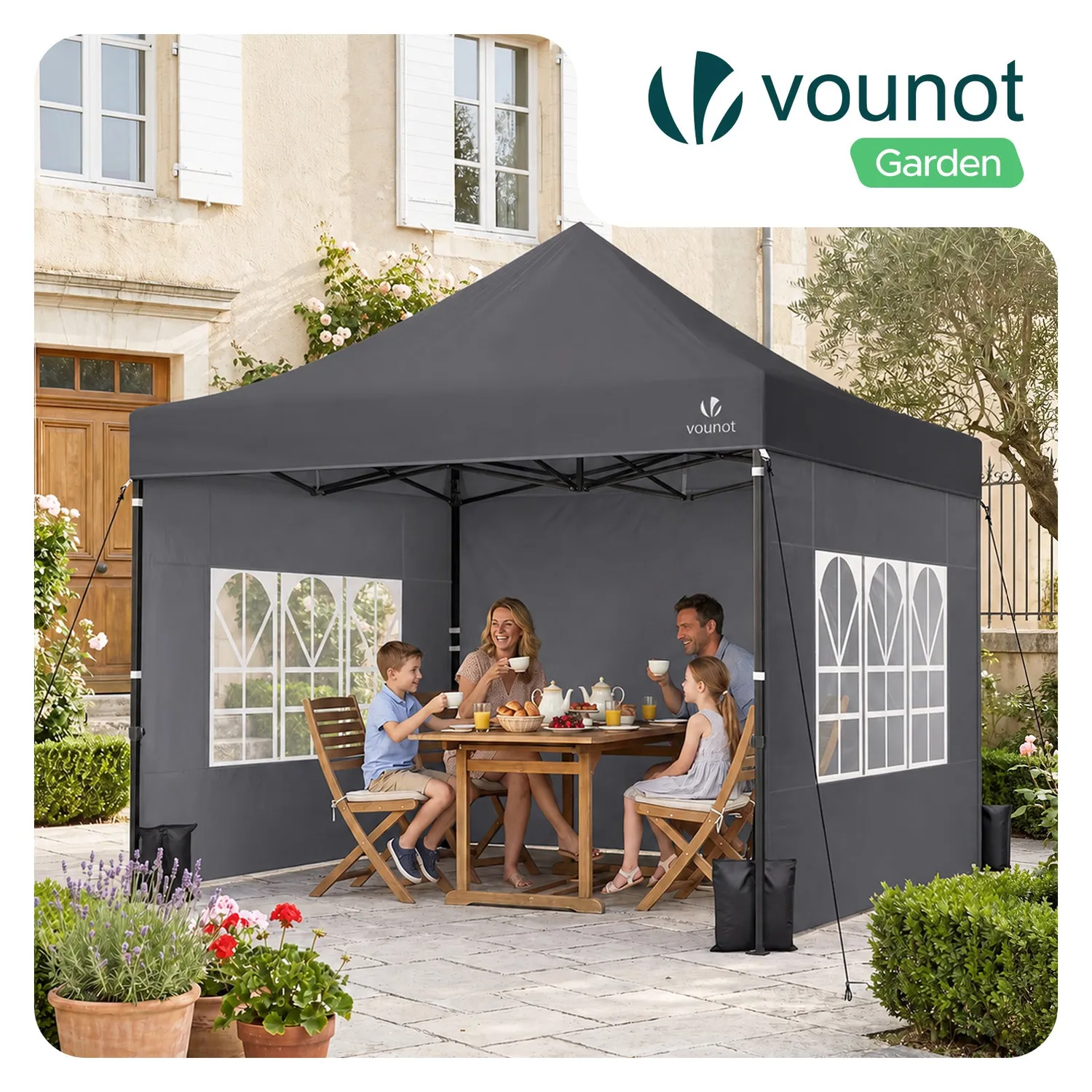 VOUNOT Gazebo Pieghevole 3x3 m con 4 Pareti Grigio Finestre