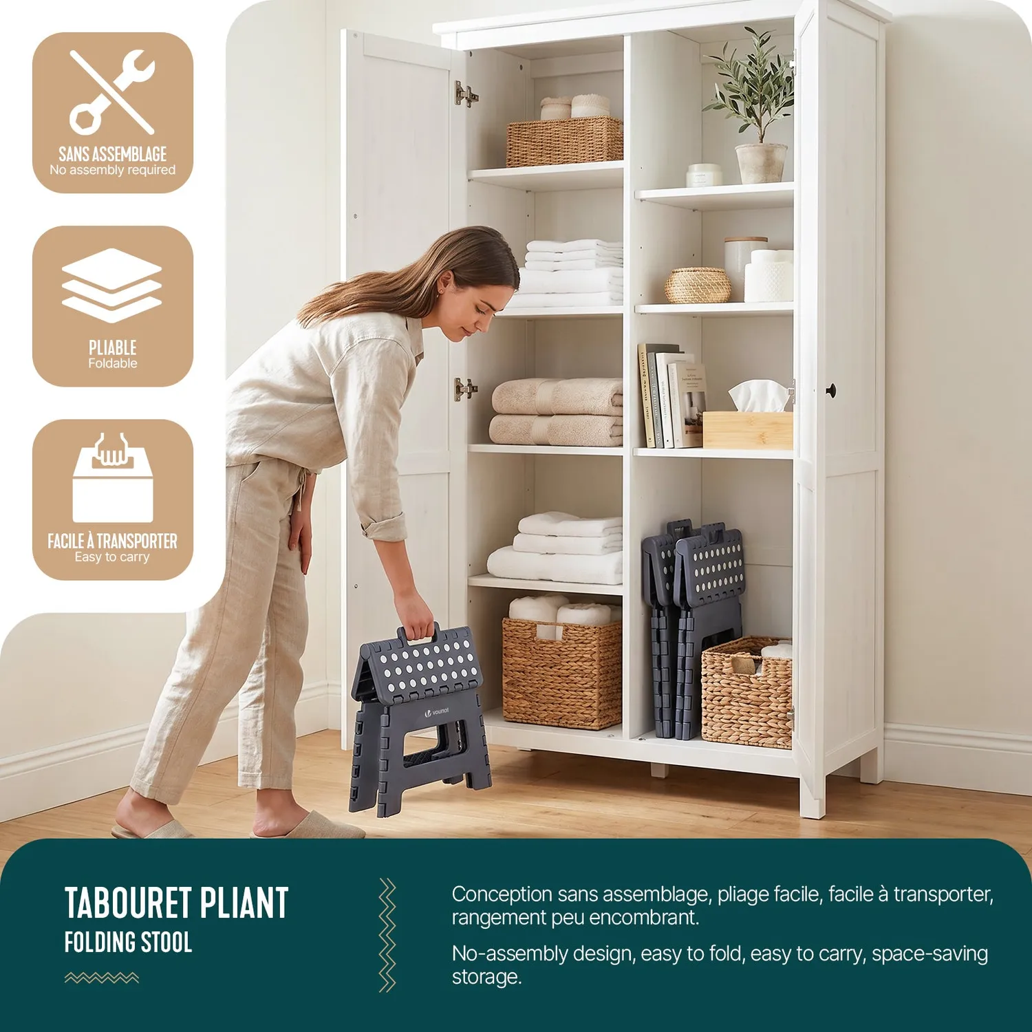Vounot sgabello pieghevole grigio 32x25x22 cm antiscivolo
