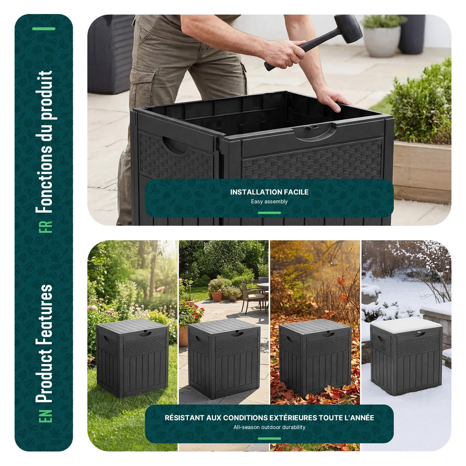 VOUNOT Baule cassapanca esterno rattan nero 126L 56cm