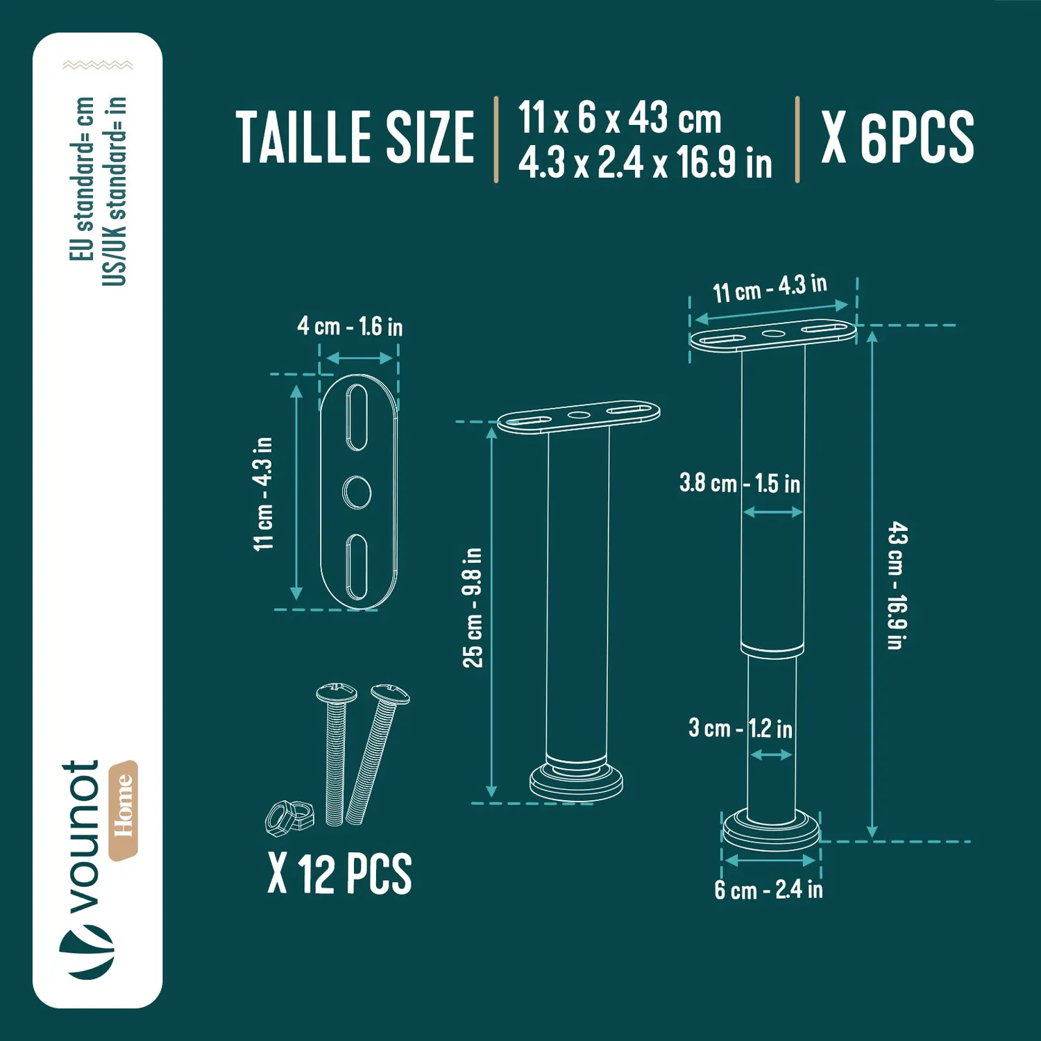 Vounot Piedi Letto Regolabili 25-43cm Metallo Nero 6pz