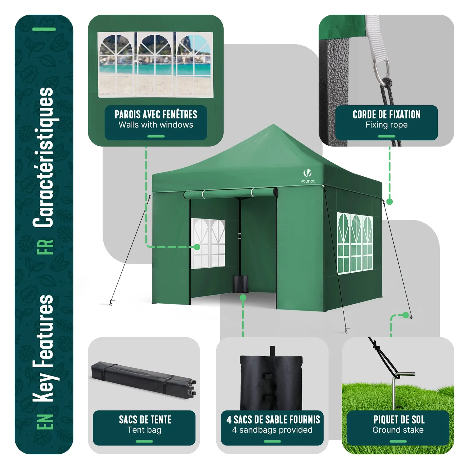Vounot gazebo pieghevole 3x3m verde con 4 pareti finestre