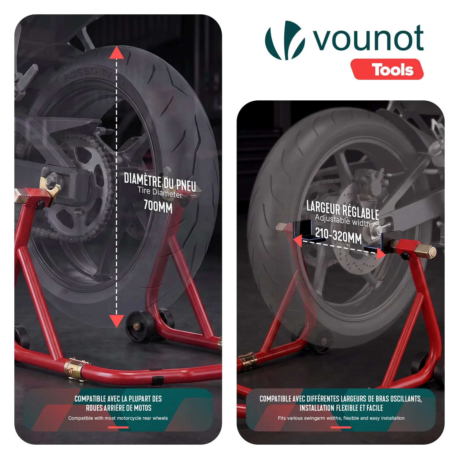 VOUNOT Cavalletto Moto Posteriore 390kg Rosso Acciaio