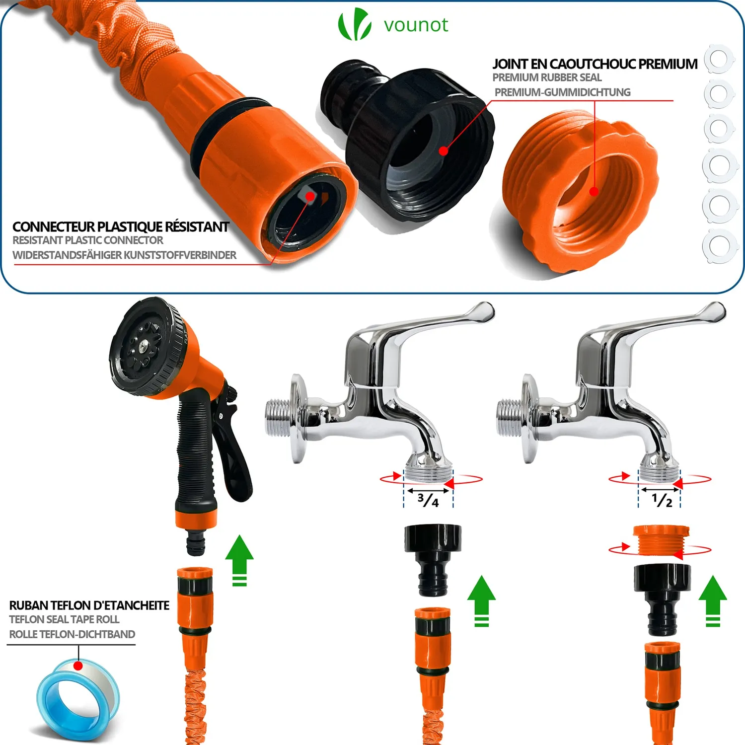 VOUNOT Tubo Giardino Estensibile 30m Arancione