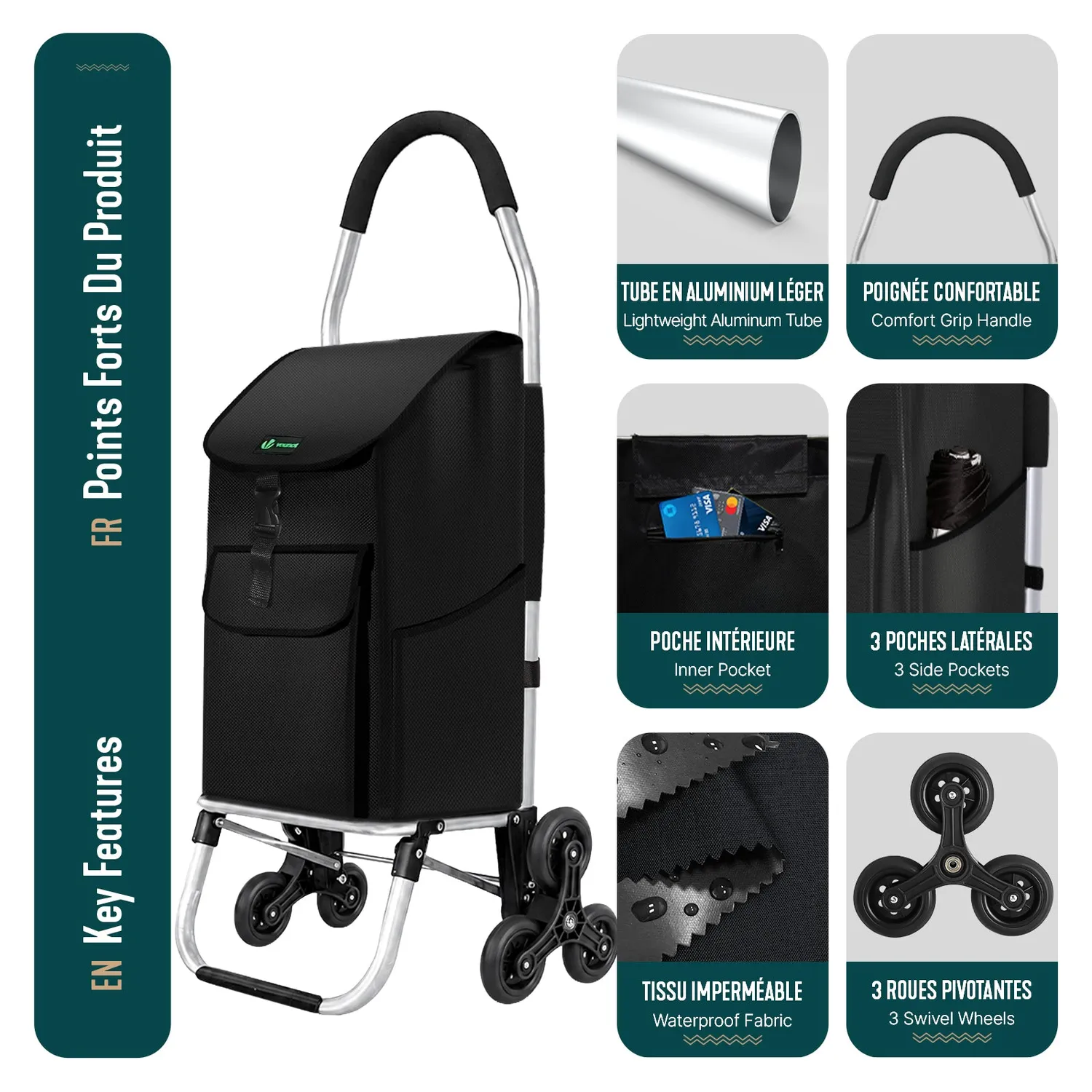 VOUNOT Carrello spesa saliscale alluminio nero 58L