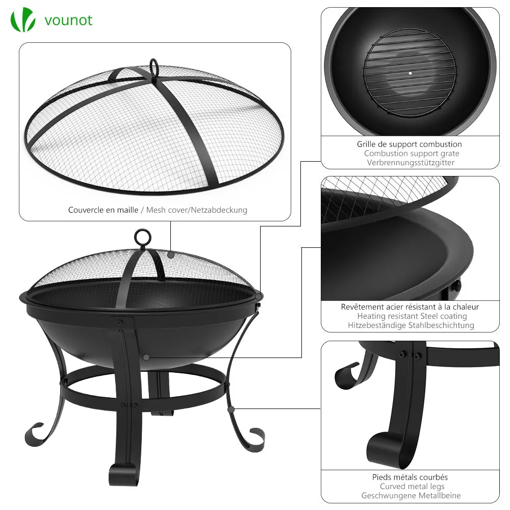 Vounot braciere esterno in acciaio nero con coperchio 55 cm