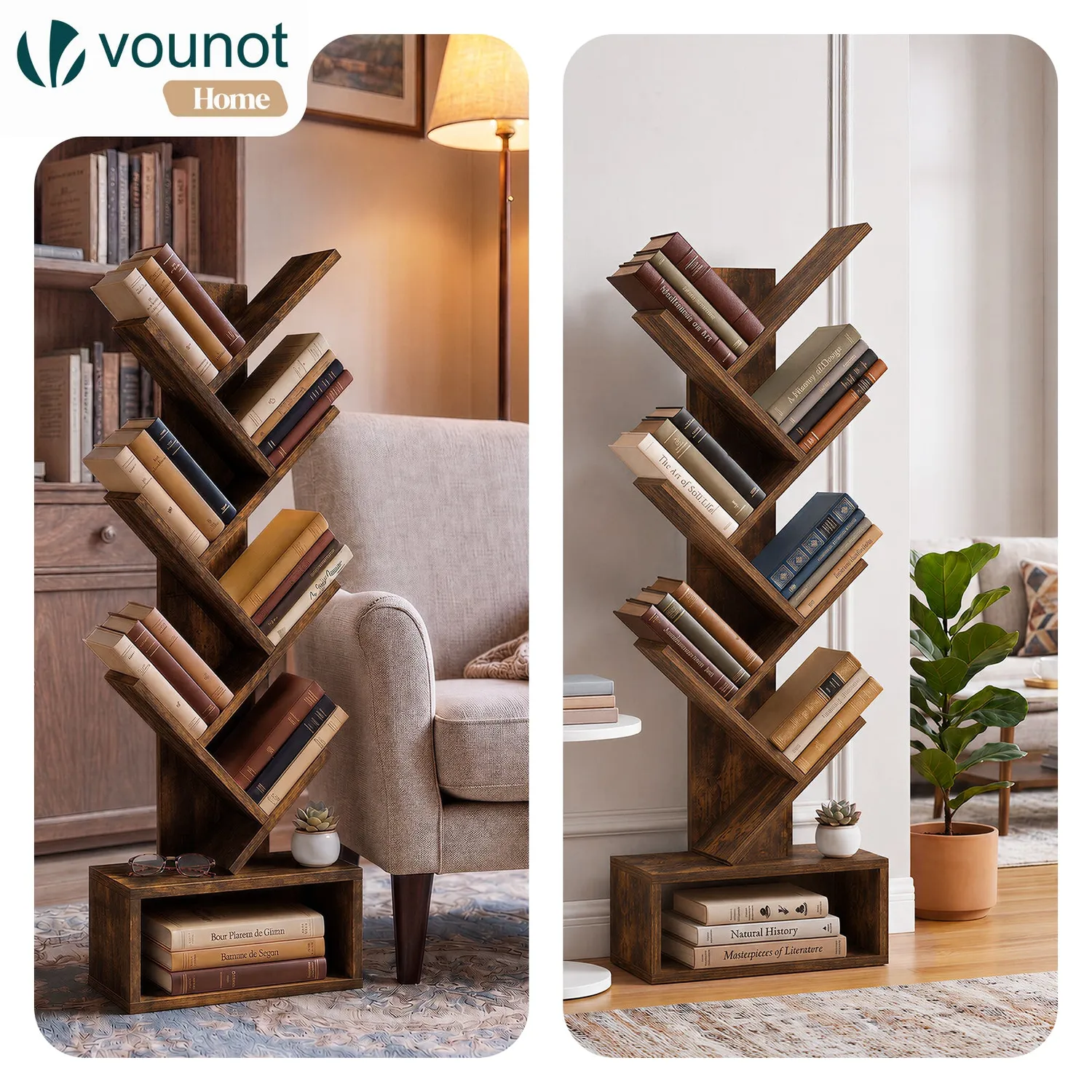 VOUNOT Libreria albero 6 ripiani 38x19x113cm marrone rustico MDF