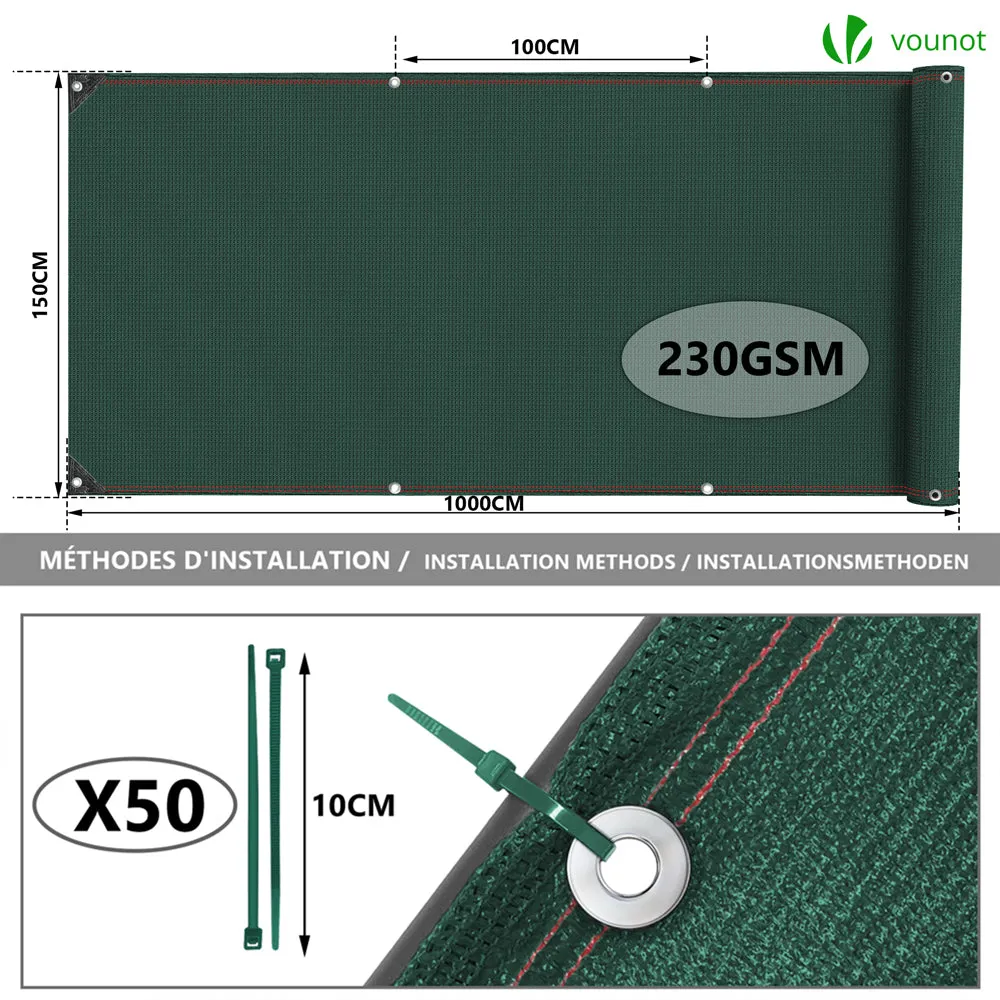 Vounot telo frangivista verde 1,5x10 m HDPE 230 g/m² occultante