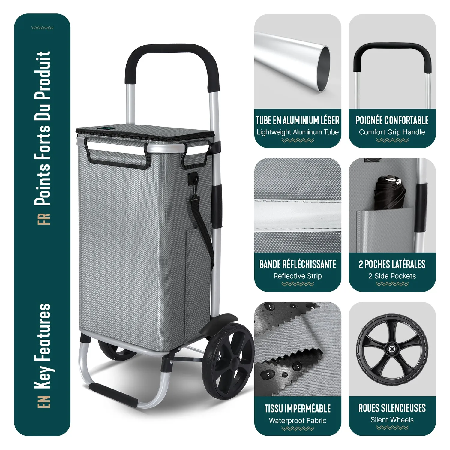 VOUNOT carrello spesa pieghevole alluminio grigio 58L isotermico