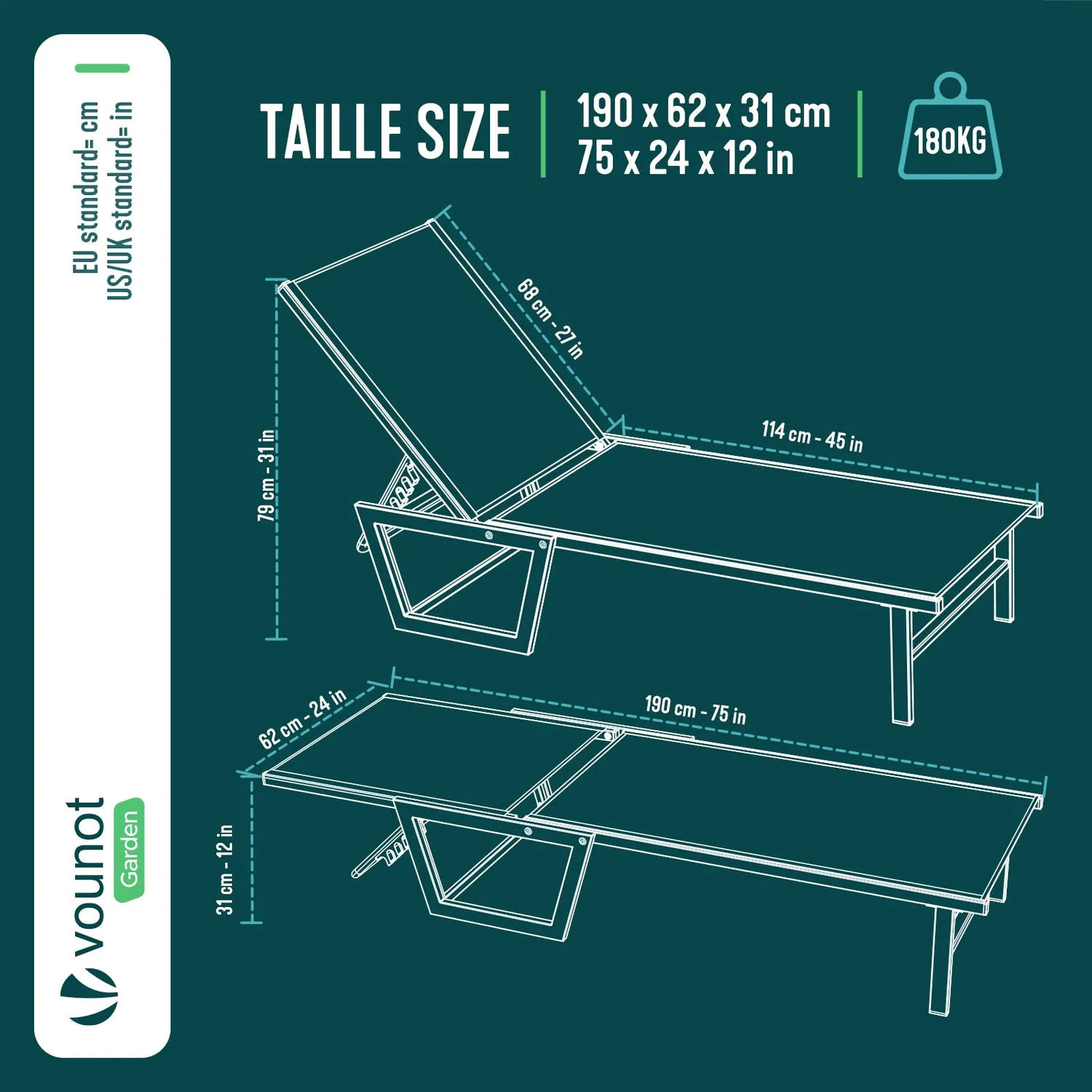 VOUNOT lettino prendisole alluminio textilene grigio 190x62 cm