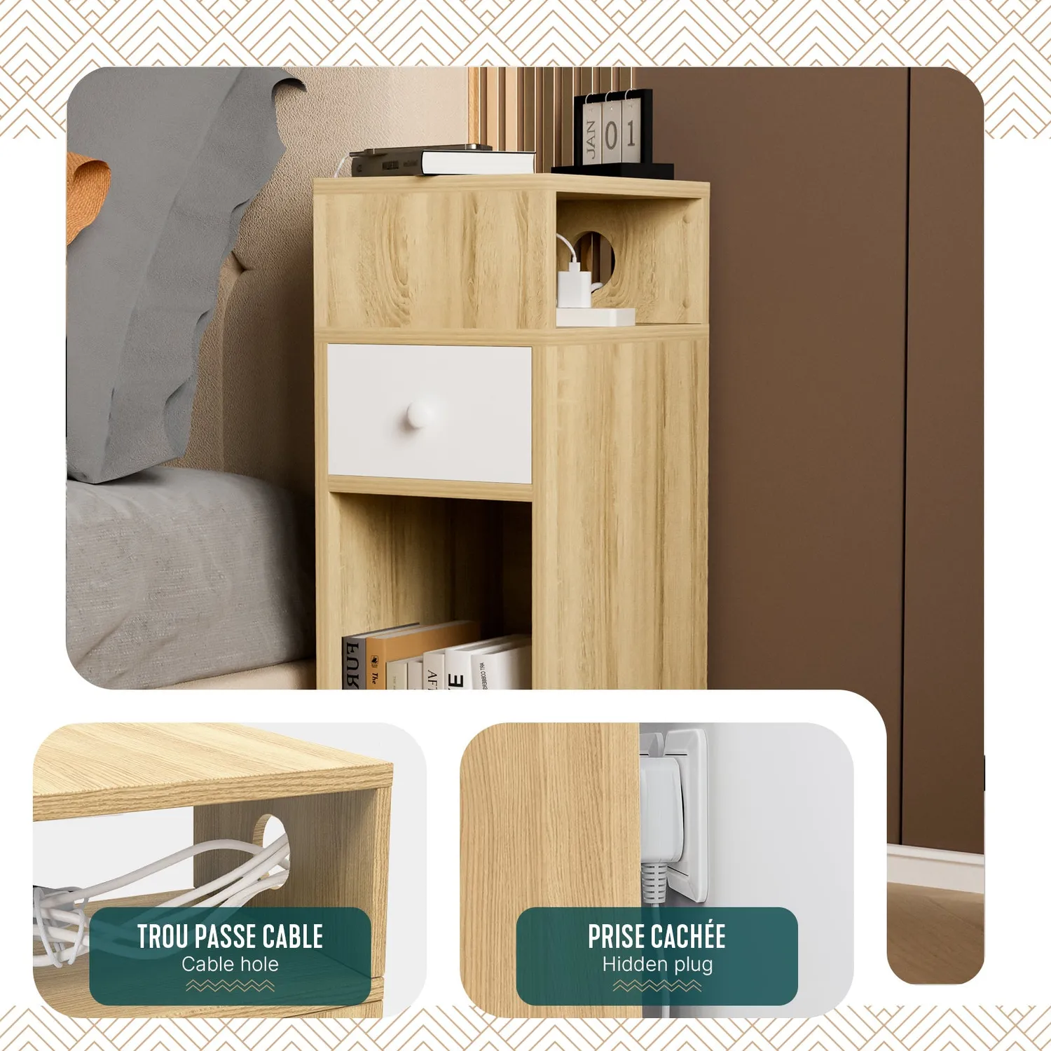 VOUNOT Comodino legno 25x30x66cm naturale con cassetto