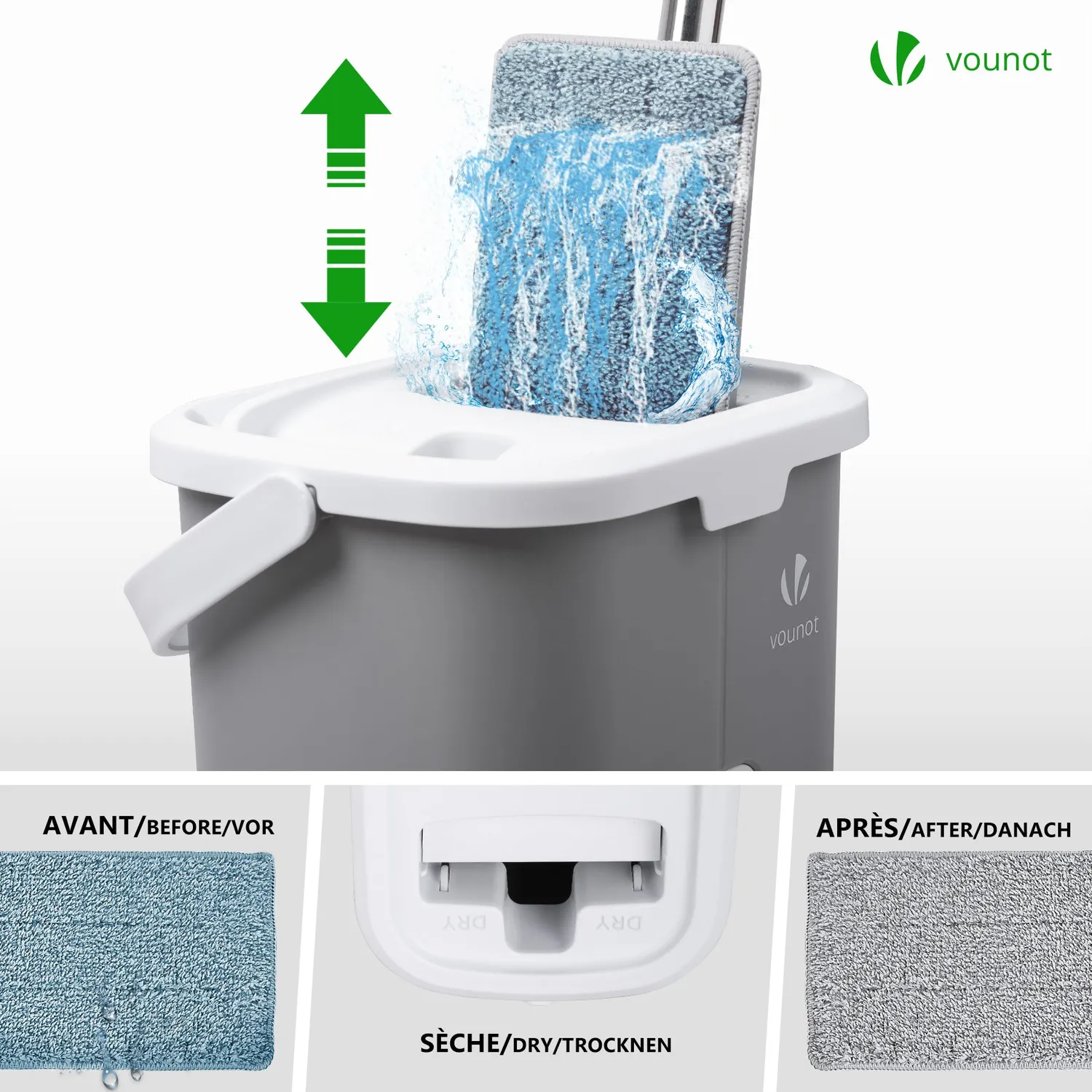 VOUNOT mocio piatto con secchio grigio 6 panni doppio scomparto