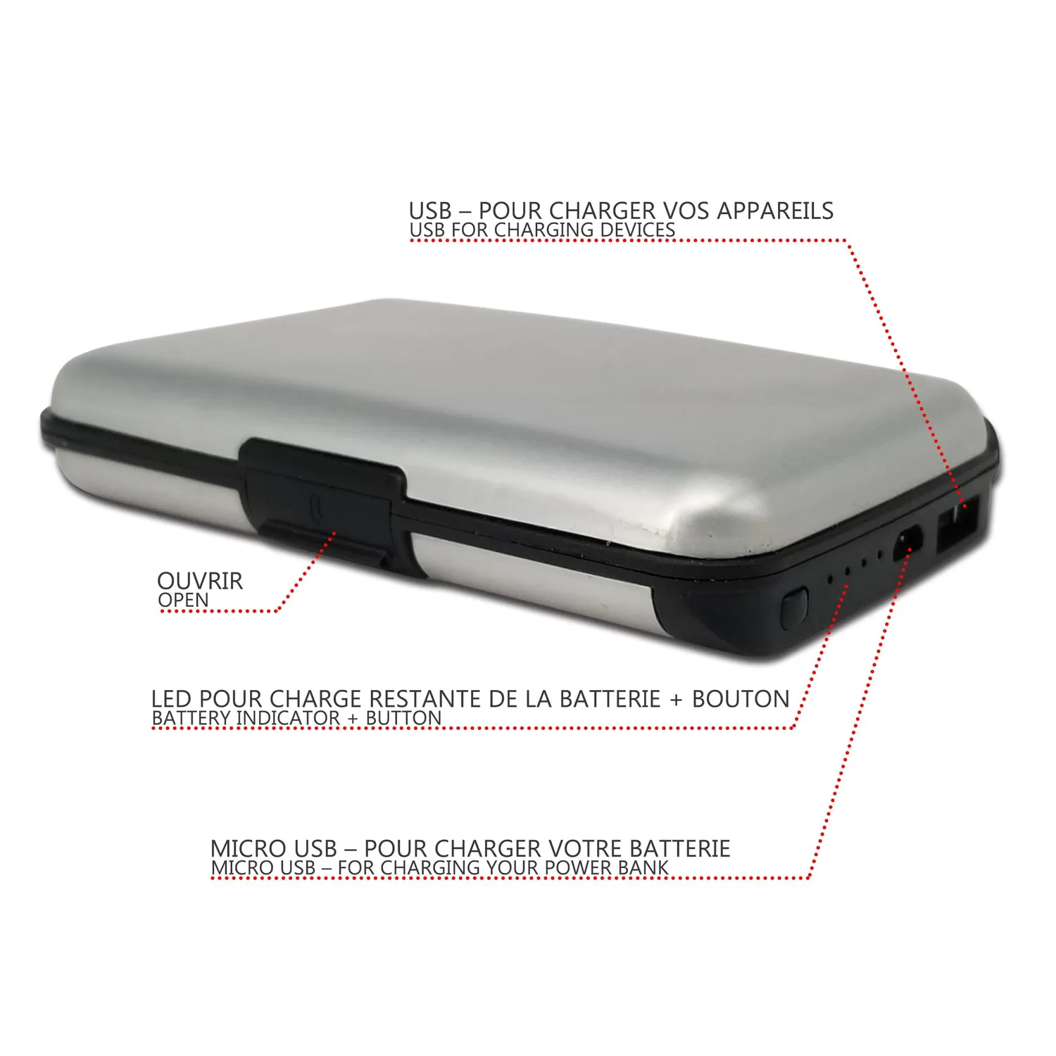 Vounot portafoglio alluminio RFID argento con power bank