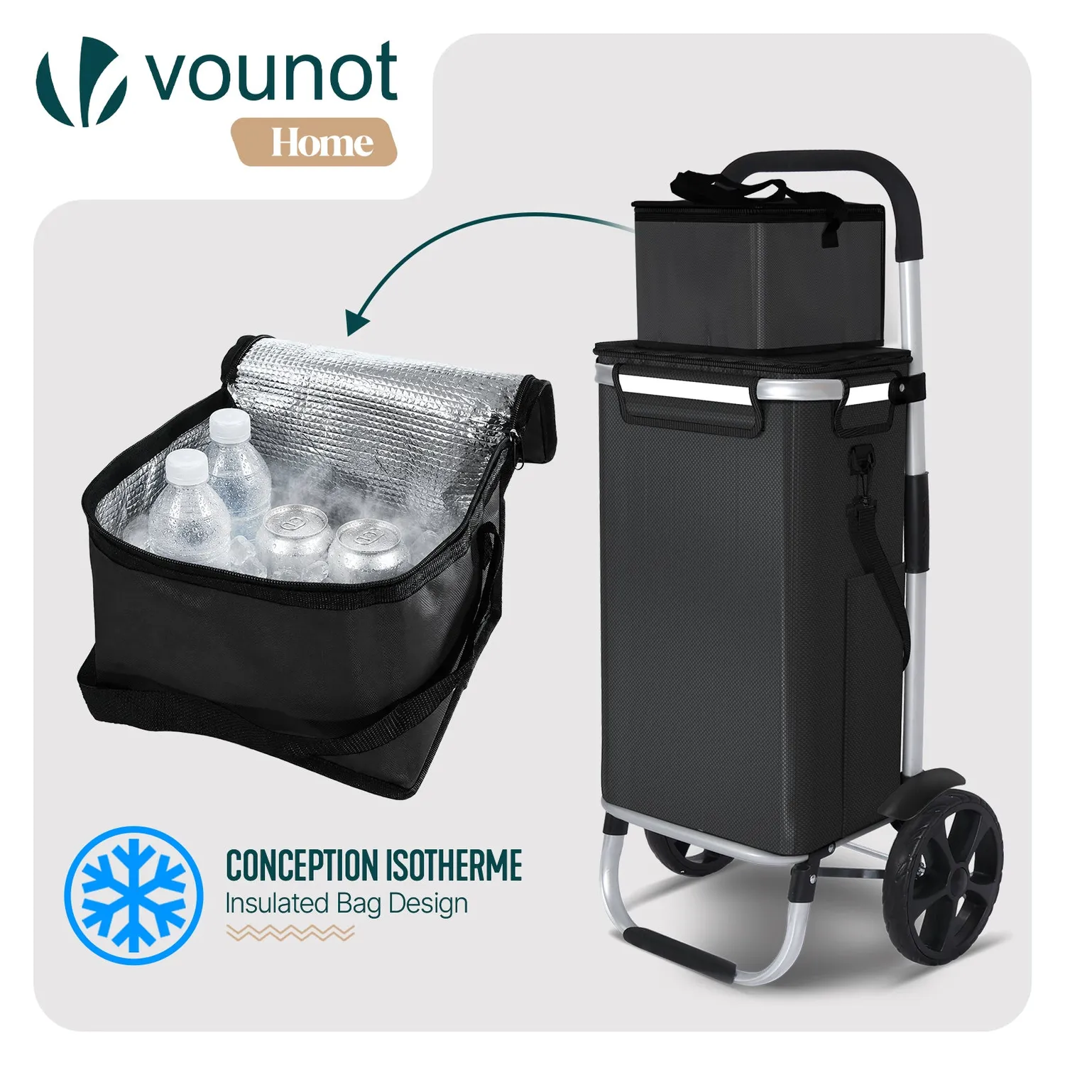 VOUNOT Carrello Spesa Pieghevole Nero 58L con Borsa Termica