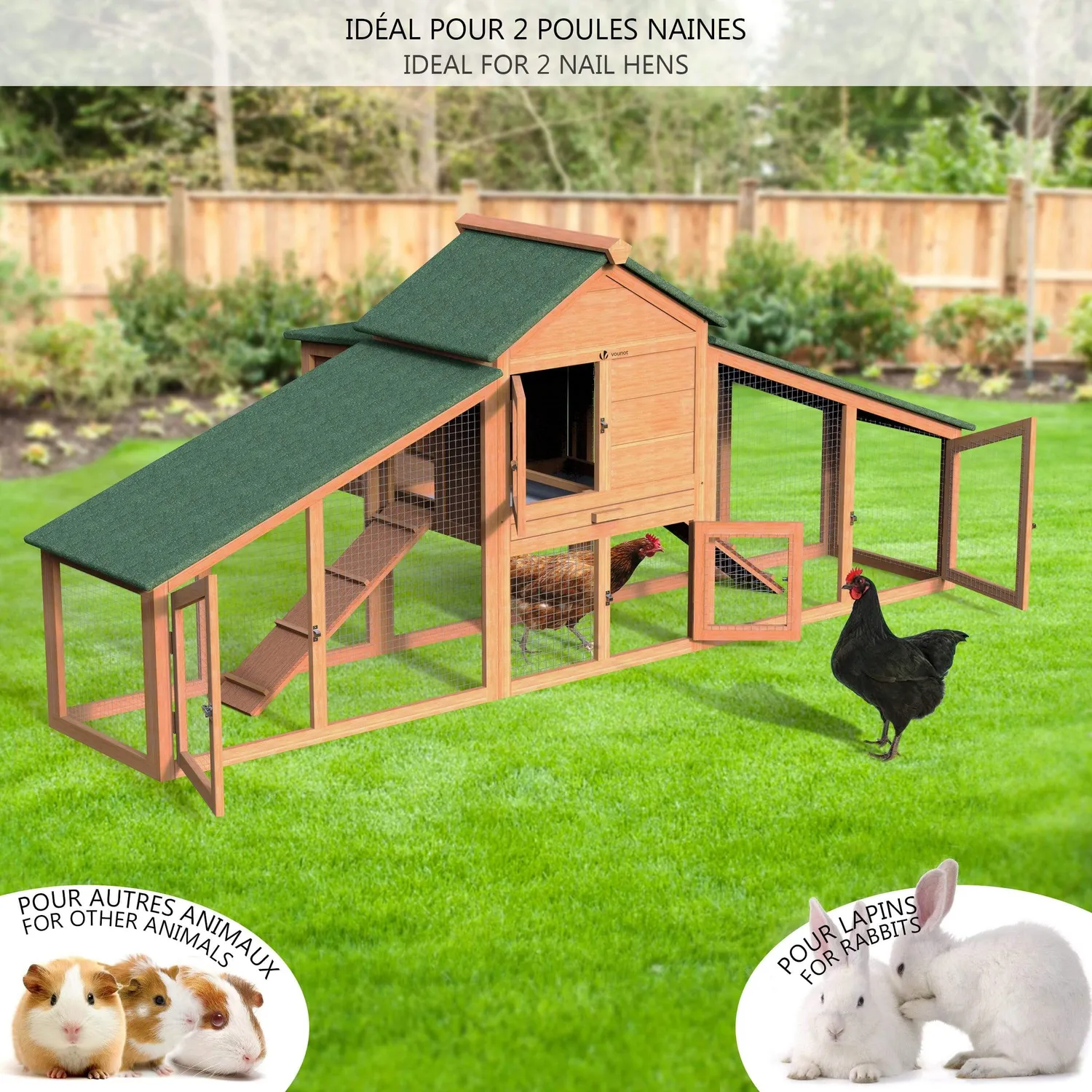 VOUNOT XL pollaio in legno con posatoio per 2 galline nane