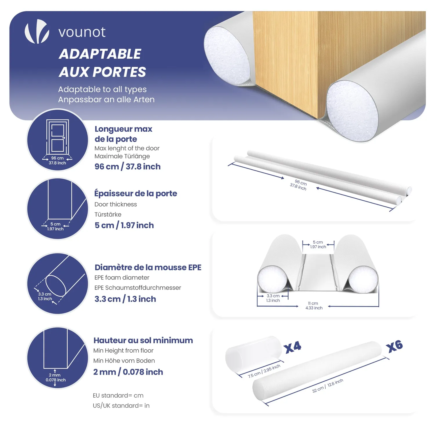 VOUNOT Paraspifferi Sottoporta 96 cm Bianco Set 3 Pezzi