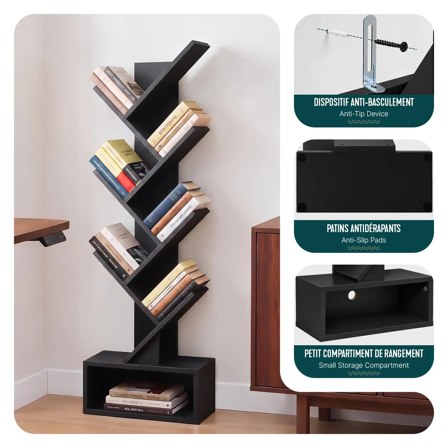 VOUNOT Libreria Albero Nera 38x19x113cm 6 Ripiani