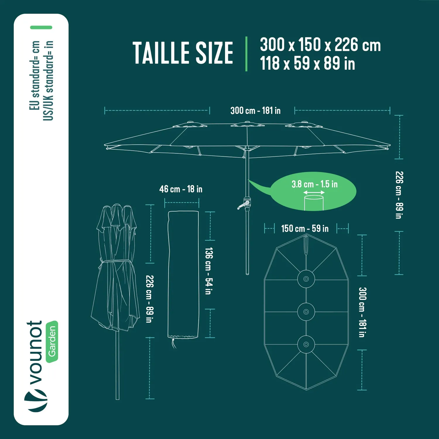 VOUNOT Ombrellone Doppio 150x300 cm Grigio giardino