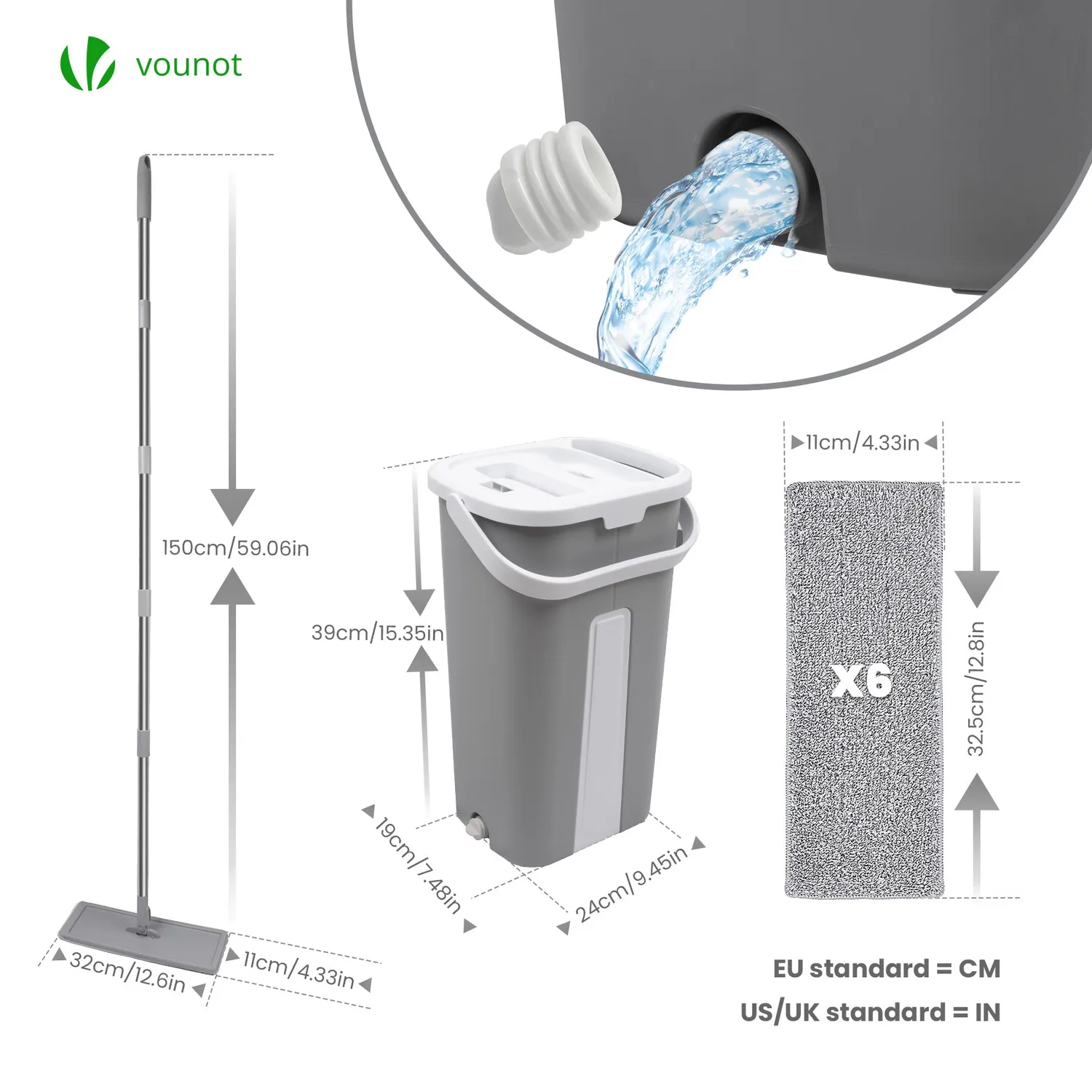 VOUNOT mocio piatto con secchio grigio 6 panni doppio scomparto