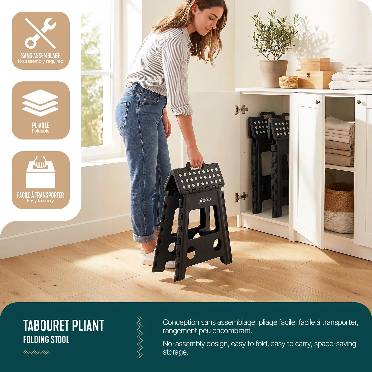 VOUNOT Sgabello Pieghevole 39x32x40cm Scaletta Nera