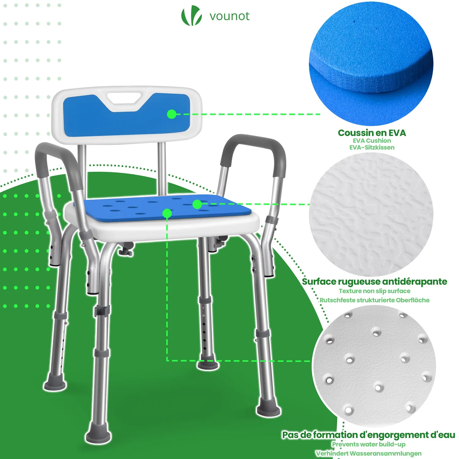 VOUNOT Sedia Doccia Regolabile Alluminio HDPE Blu Altezza