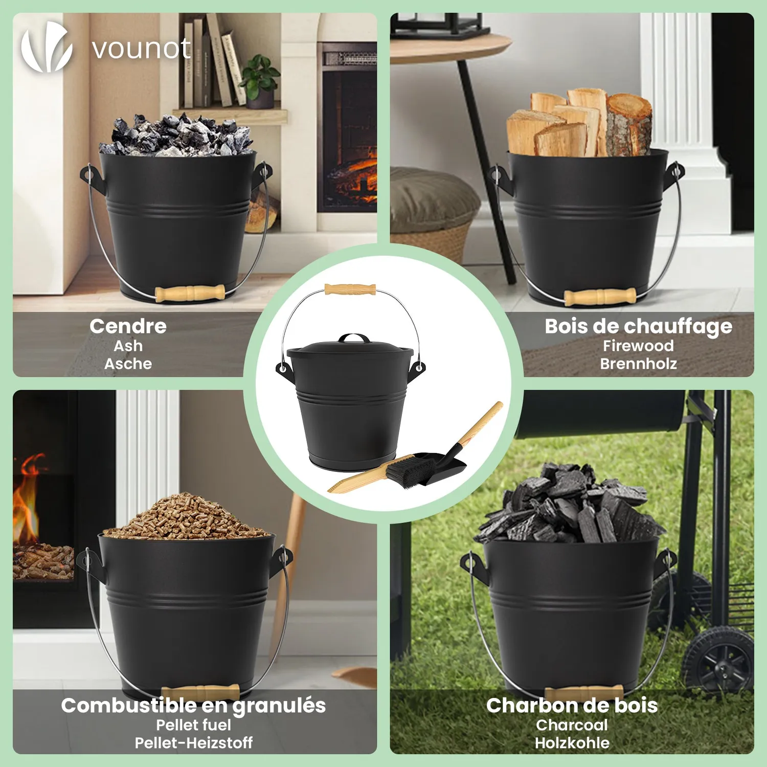 VOUNOT Secchio Cenere Metallo Nero 5L con Paletta