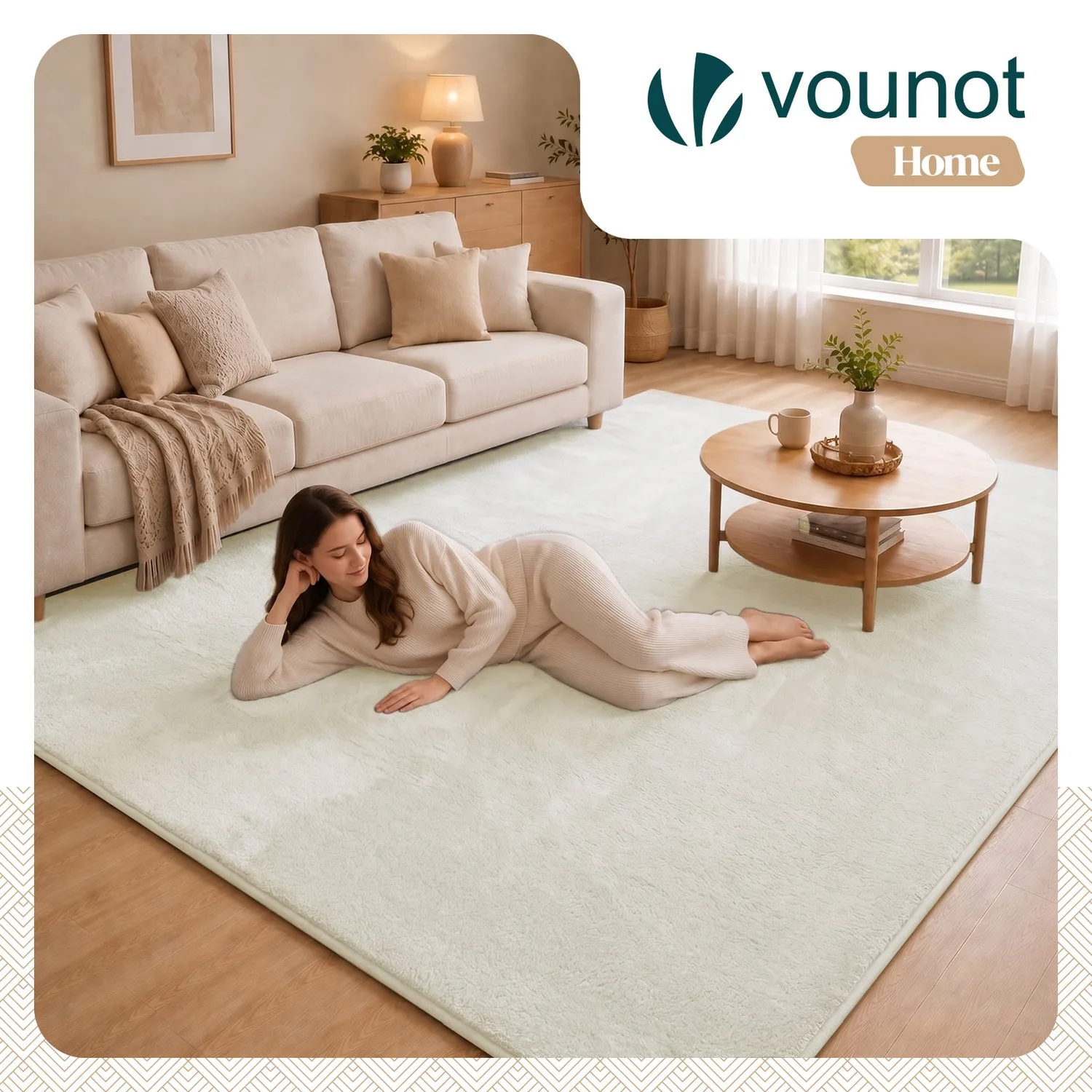 Vounot tappeto salotto 200x300 crema pelo raso antiscivolo