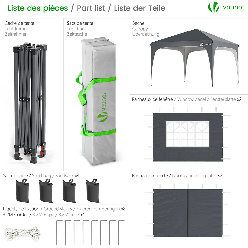 VOUNOT gazebo giardino pieghevole 3x3 m grigio con pareti