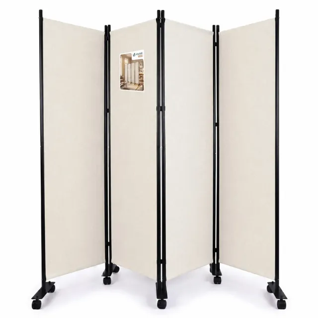 VOUNOT Paravento interno 4 pannelli con ruote beige 228x171 cm