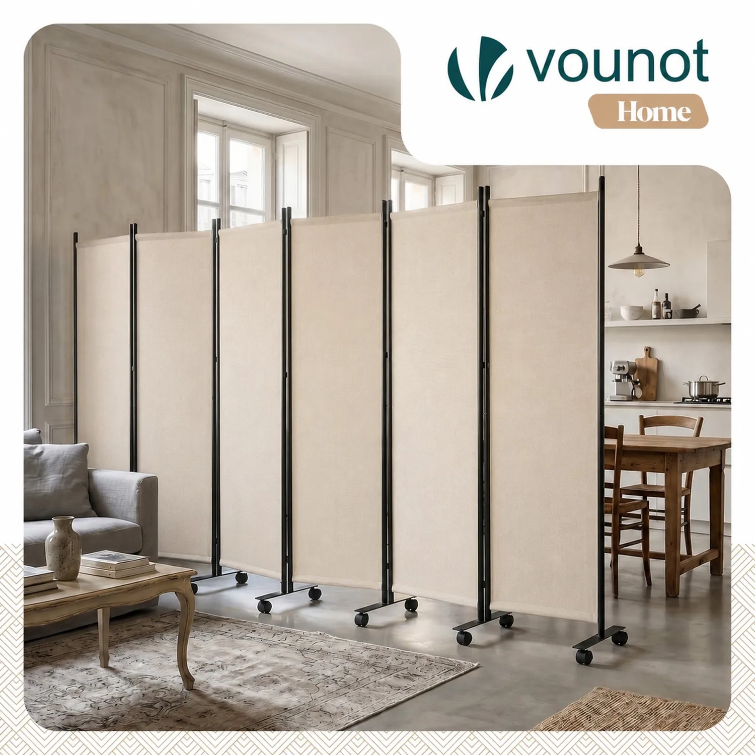 VOUNOT Paravento pieghevole 6 pannelli beige 340x171 cm