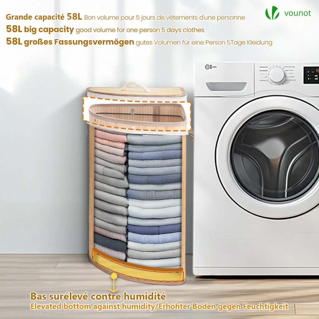 VOUNOT Cesto Biancheria Angolare Bambù 58L con Coperchio