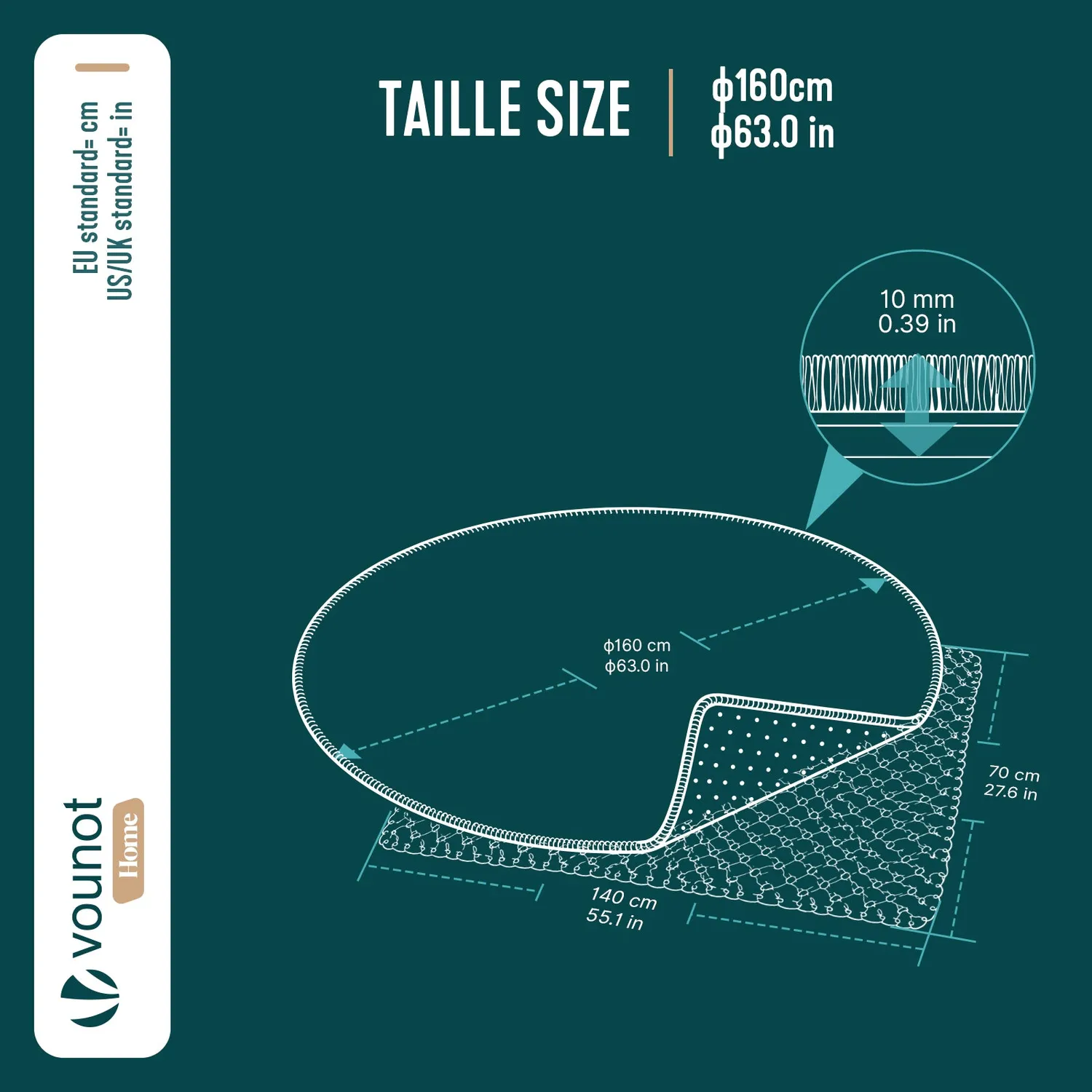 VOUNOT tappeto rotondo soggiorno grigio Ø160 cm pelo corto