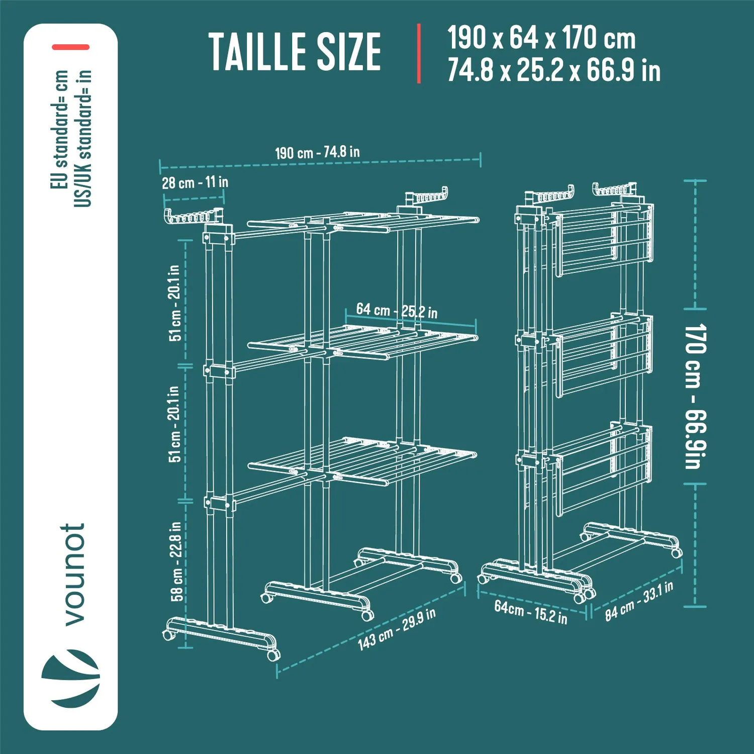 VOUNOT Stendibiancheria Verticale Estensibile Grigio 4 Livelli