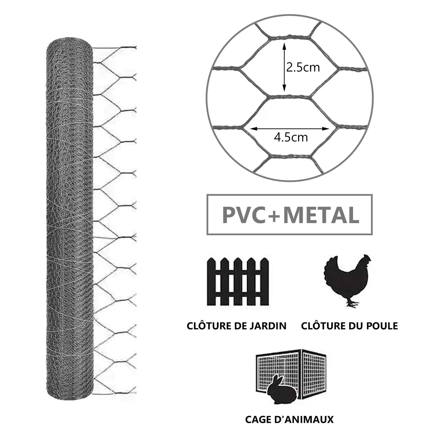 VOUNOT Rete Pollaio Esagonale Grigia 1x25m Maglia 25mm