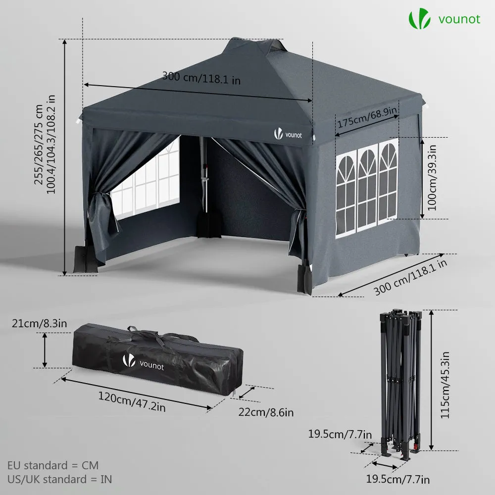 VOUNOT Gazebo Pieghevole 3x3 m Grigio Pop-Up con Pareti