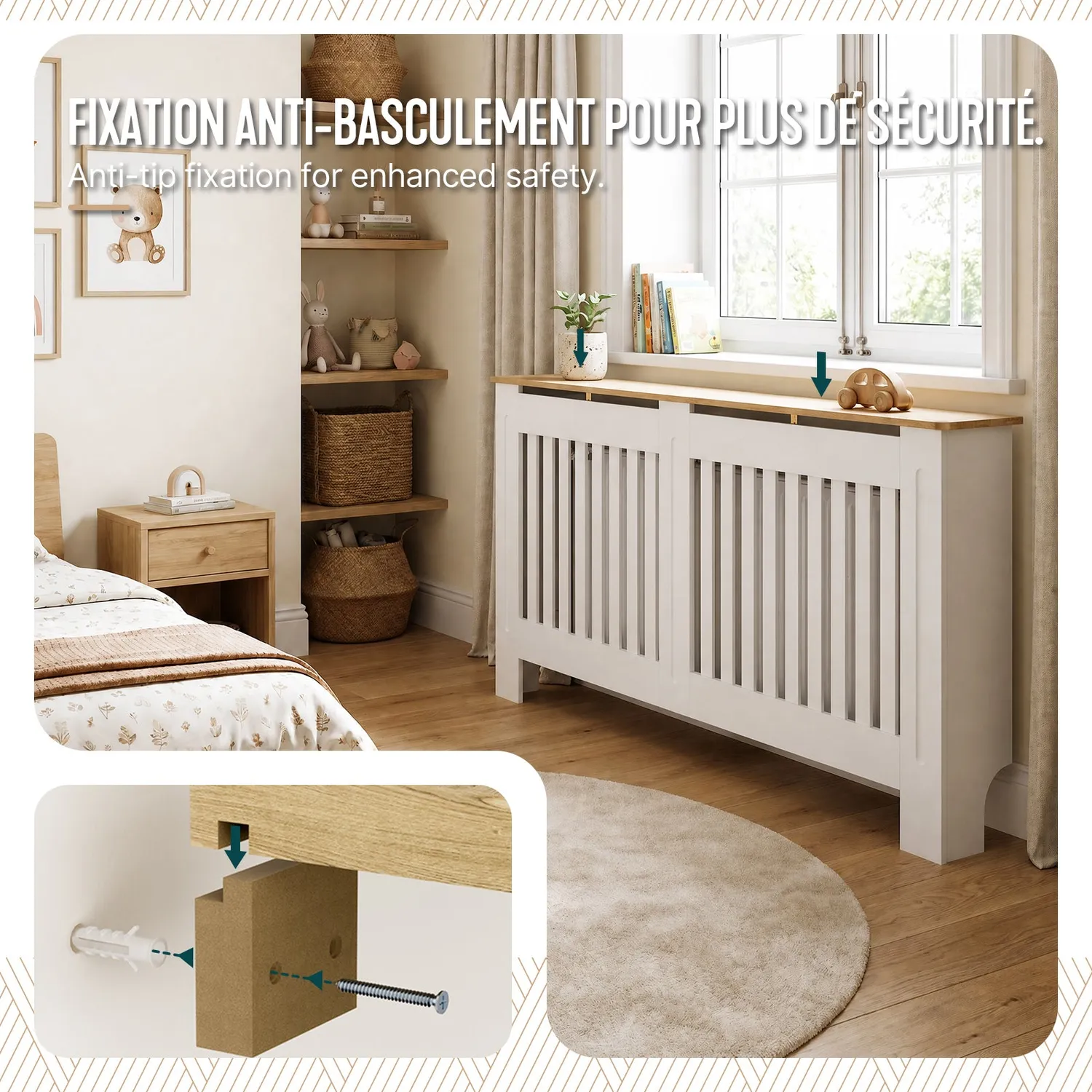 Vounot Copricalorifero MDF 152x19x82 Bianco Rovere Mensola