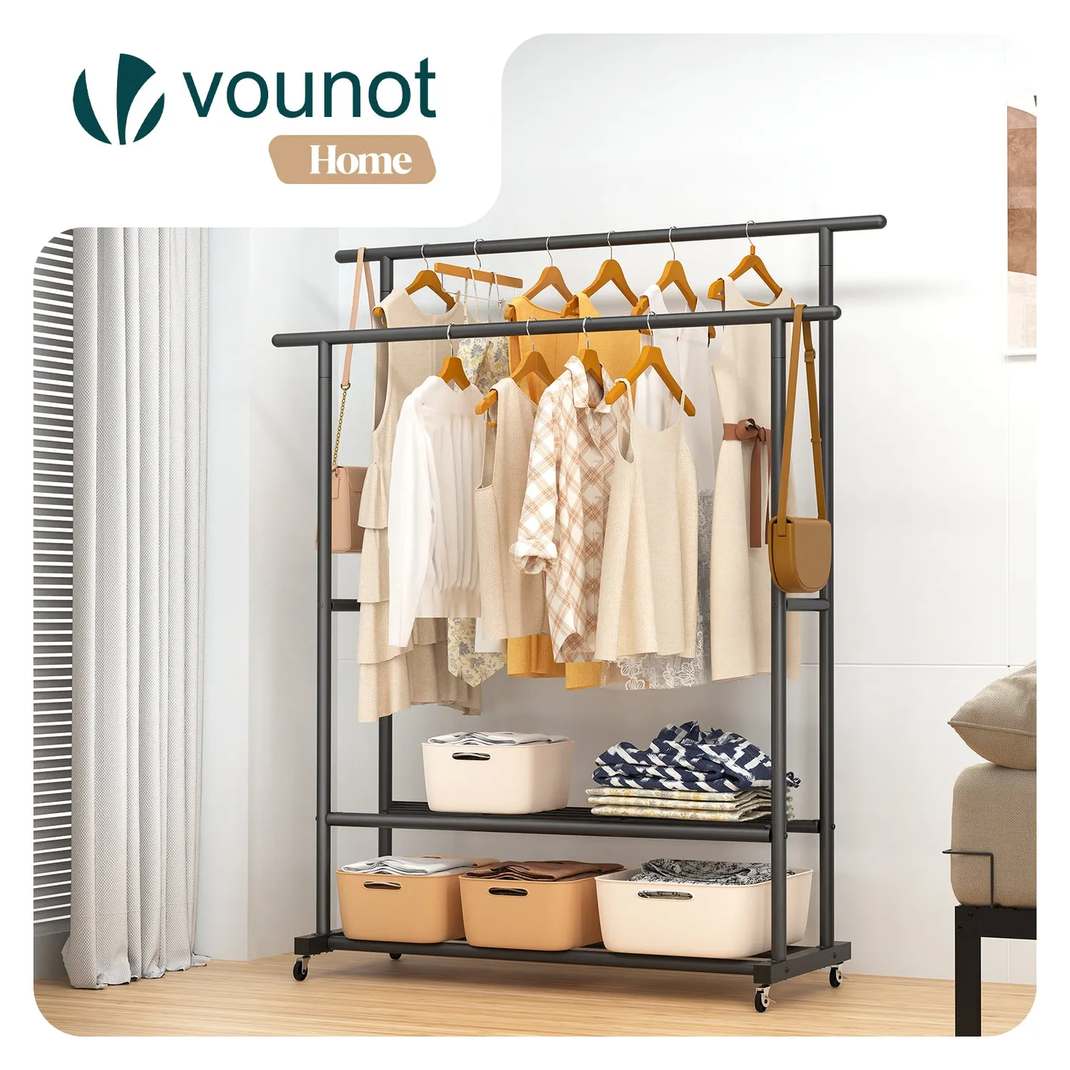 Vounot Stender Doppio con Rotelle 121x40x147cm Nero 40kg
