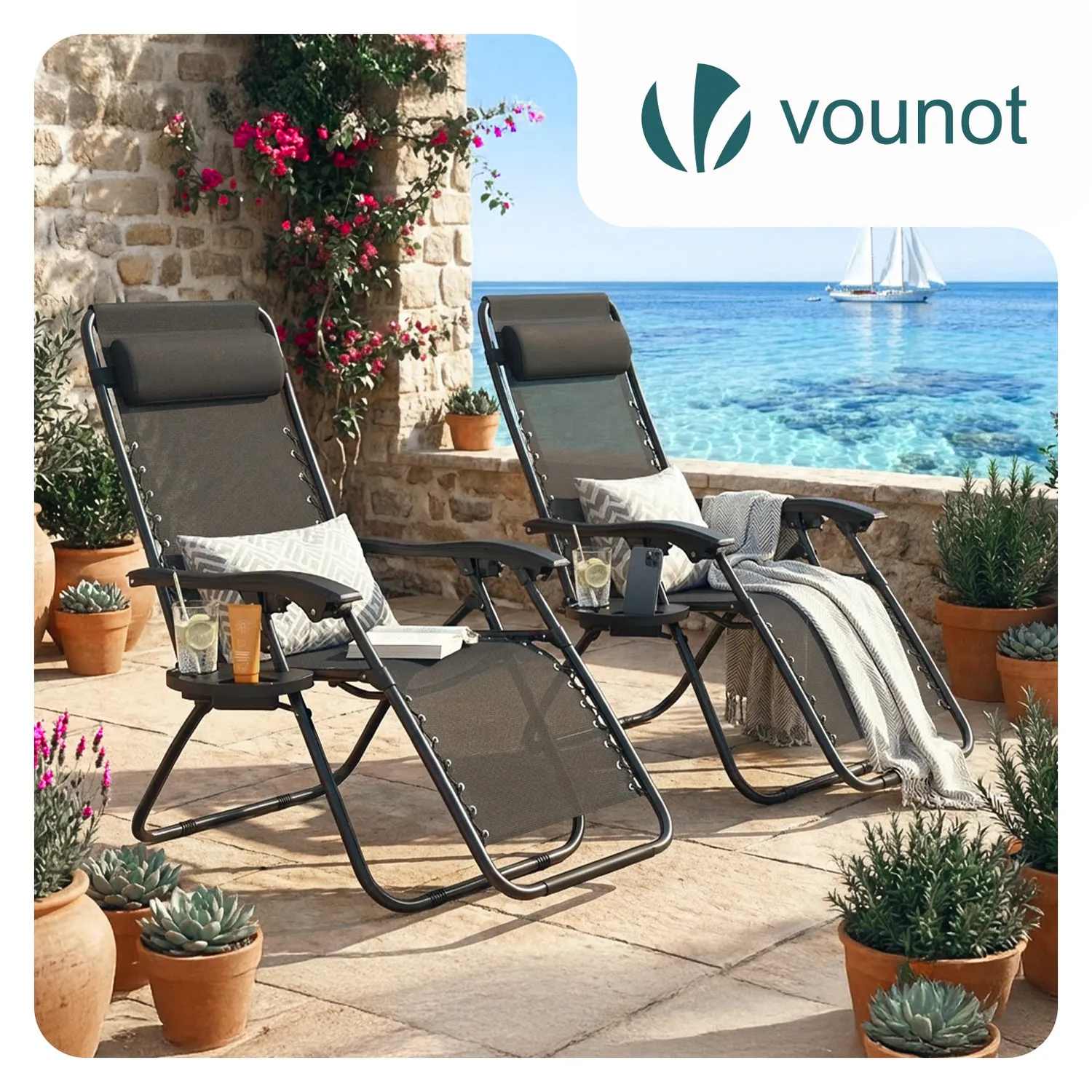 VOUNOT Sdraio giardino textilene nera 2 pezzi