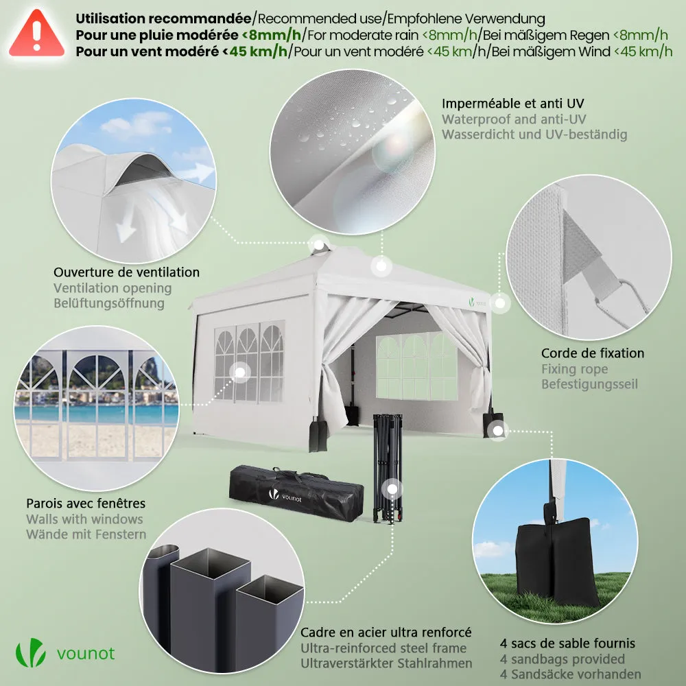 VOUNOT Gazebo pieghevole 3x3 m bianco con 4 pareti anti-UV