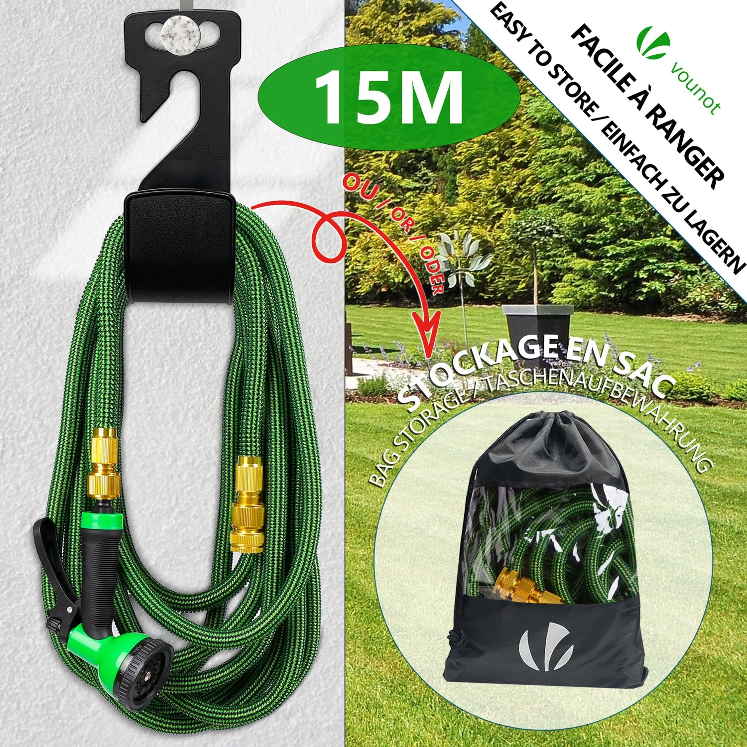 VOUNOT tubo giardino estensibile verde 15 m 10 getti