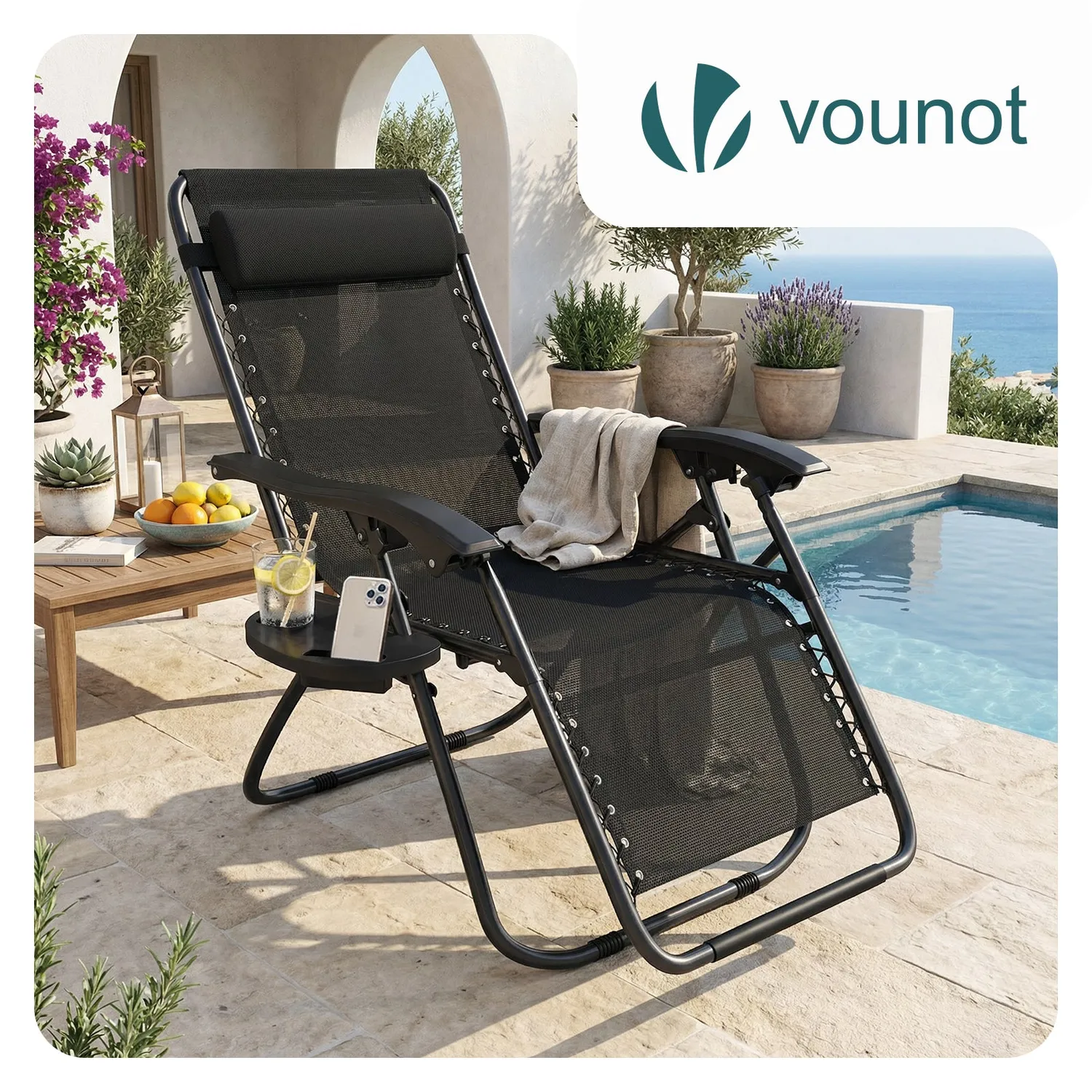 VOUNOT Sdraio Reclinabile Textilene Nera con Cuscino