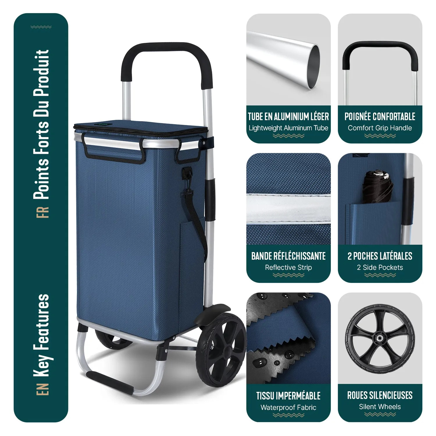Vounot Carrello Spesa Pieghevole 58L Blu Alluminio 40 kg