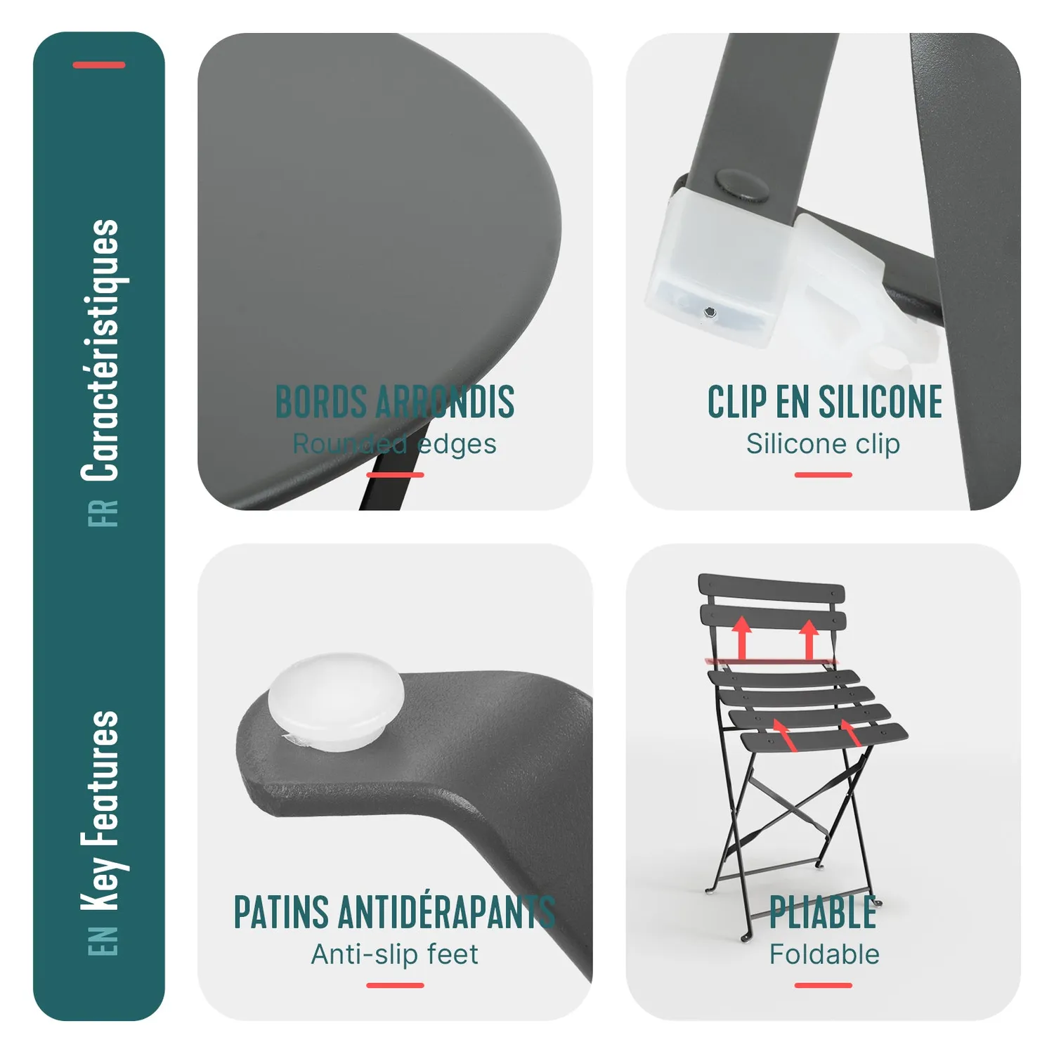 VOUNOT Set Bistrot Metallo Tavolo+2 Sedie Grigio Pieghevole