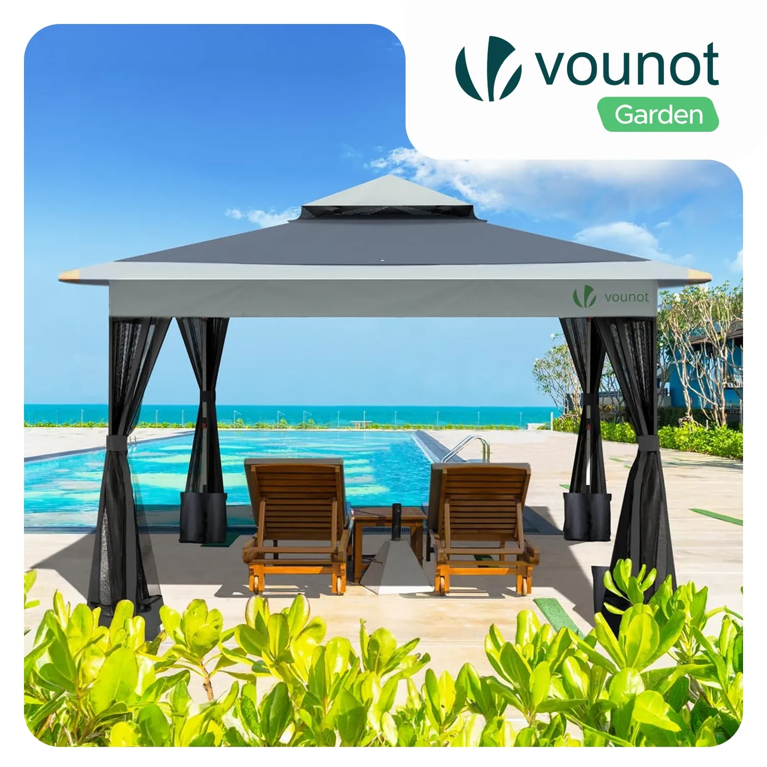 Vounot Gazebo Pieghevole 3.6x3.6m Grigio con Zanzariere