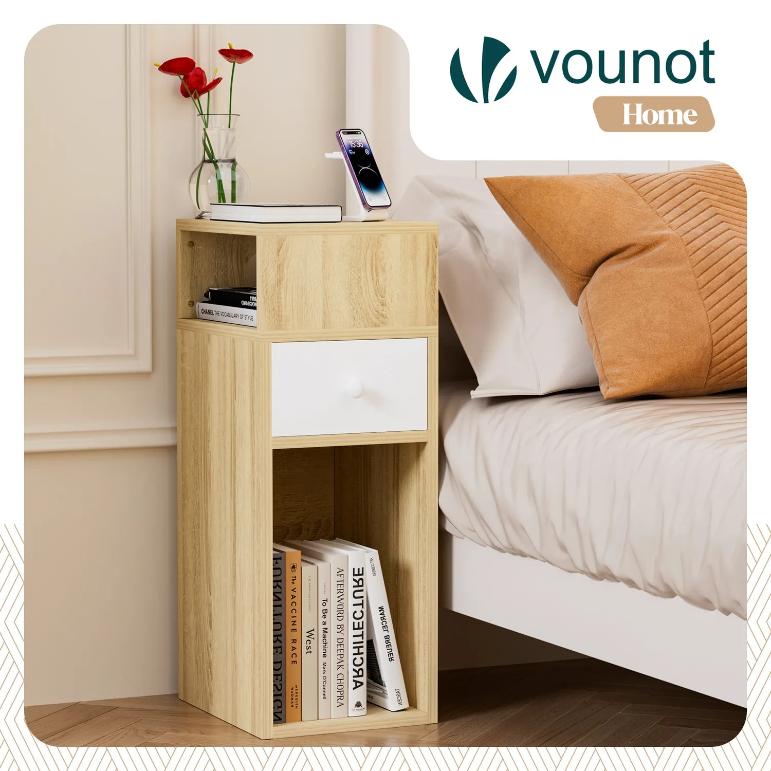 VOUNOT Comodino legno 25x30x66cm naturale con cassetto