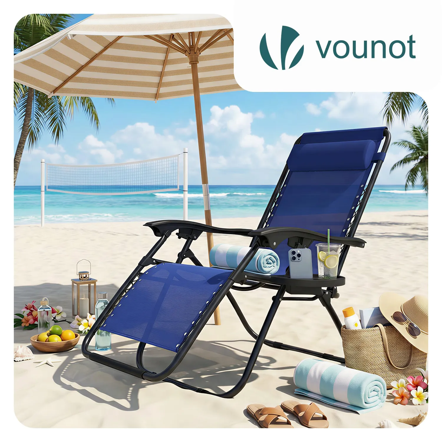 VOUNOT sedia sdraio reclinabile textilene blu portabicchiere