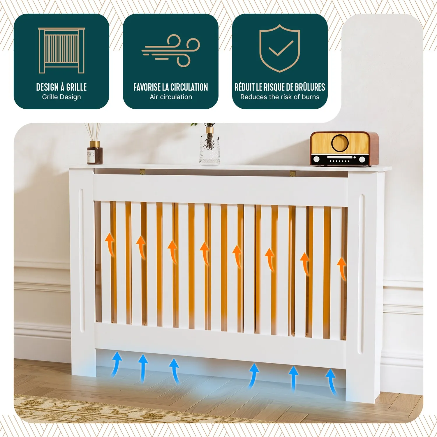 VOUNOT Copritermosifone MDF Bianco 111x19x82 cm Doghe