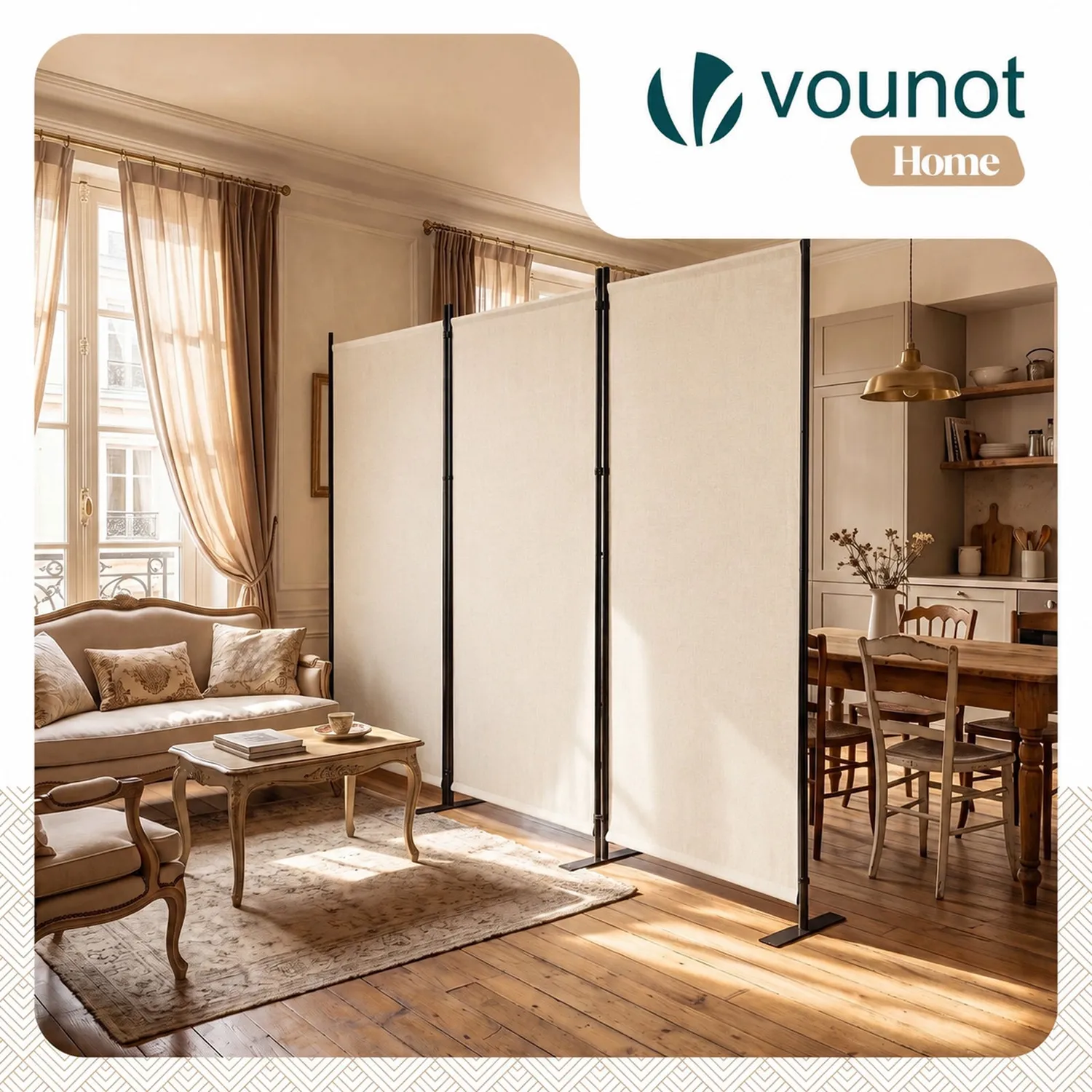 VOUNOT Paravento separè 3 pannelli 262cm beige pieghevole